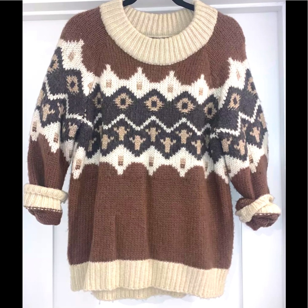 Aerie Oversized Chunky Sweater Brown Print Crewneck Size XS